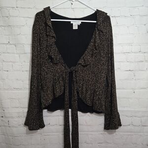 Vtg 90s Coldwater Creek abstract slinky tie front Crop Blouse Ruffles Belle